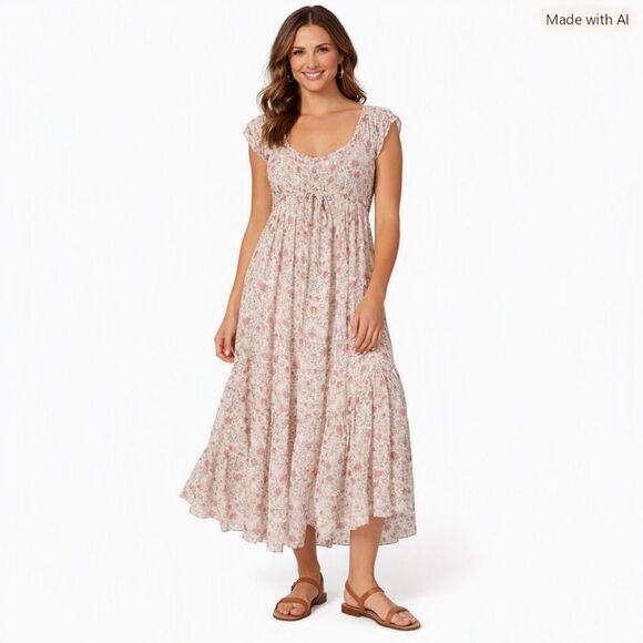 Anthropologie Dresses & Skirts - Anthropologie Maxi Dress – Boho Floral Smocked Tiered Cream Pink – Size Small